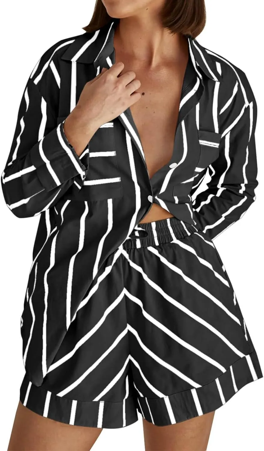 Striped Sets Women 2 Piece Outfits Long Sleeve Casual Button Down Shirts and Shorts Lightweight Oversized Pajamas Set