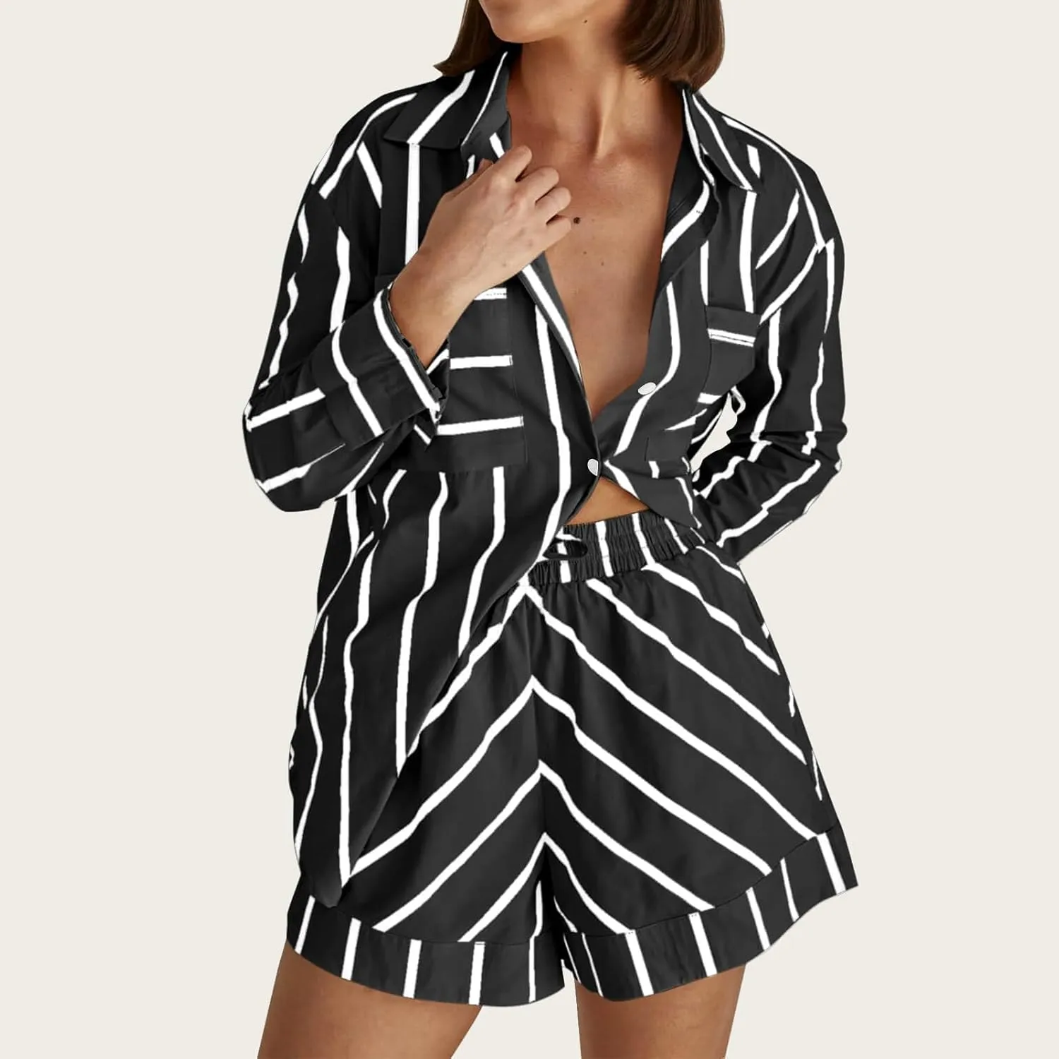Striped Sets Women 2 Piece Outfits Long Sleeve Casual Button Down Shirts and Shorts Lightweight Oversized Pajamas Set