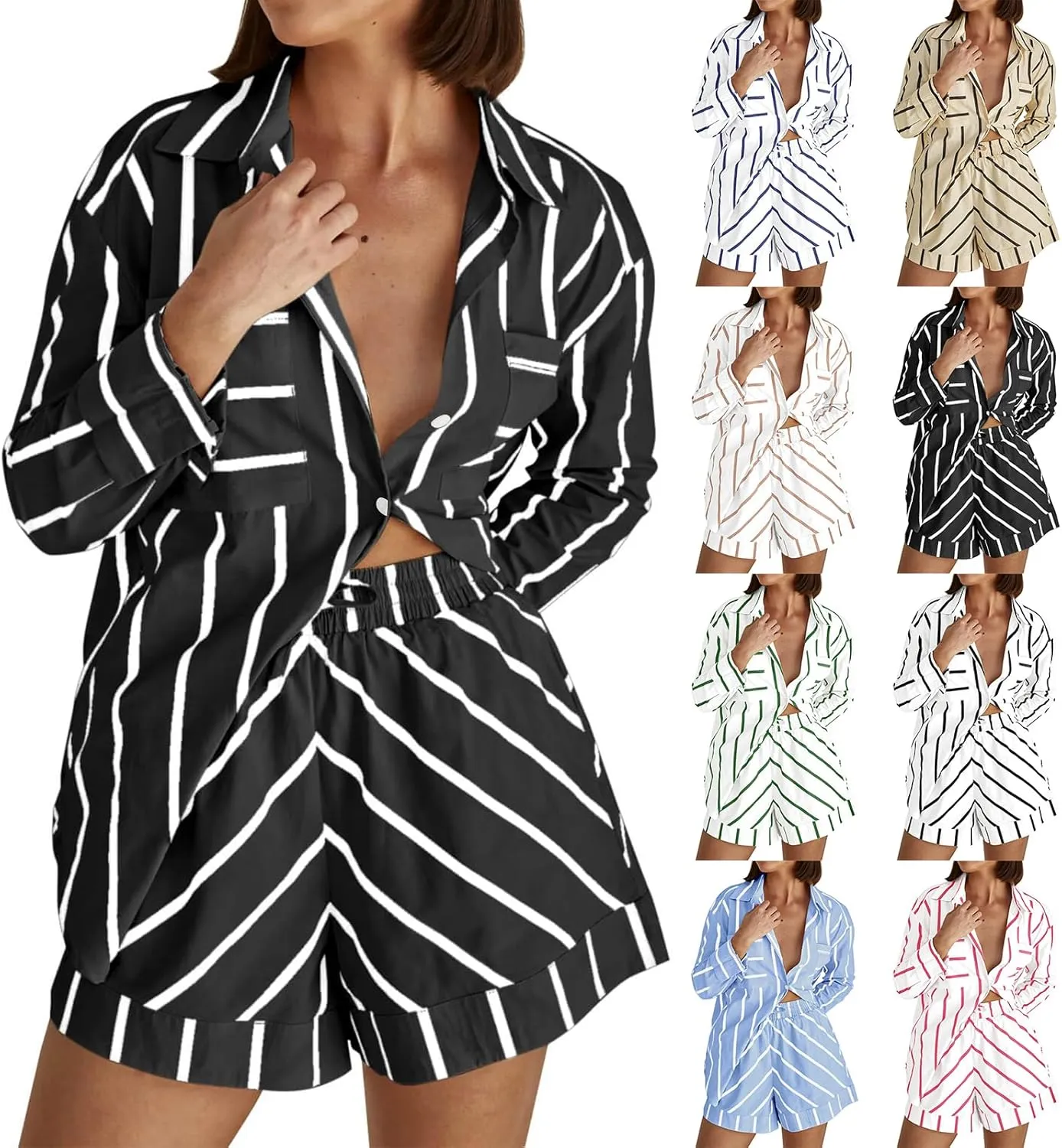 Striped Sets Women 2 Piece Outfits Long Sleeve Casual Button Down Shirts and Shorts Lightweight Oversized Pajamas Set