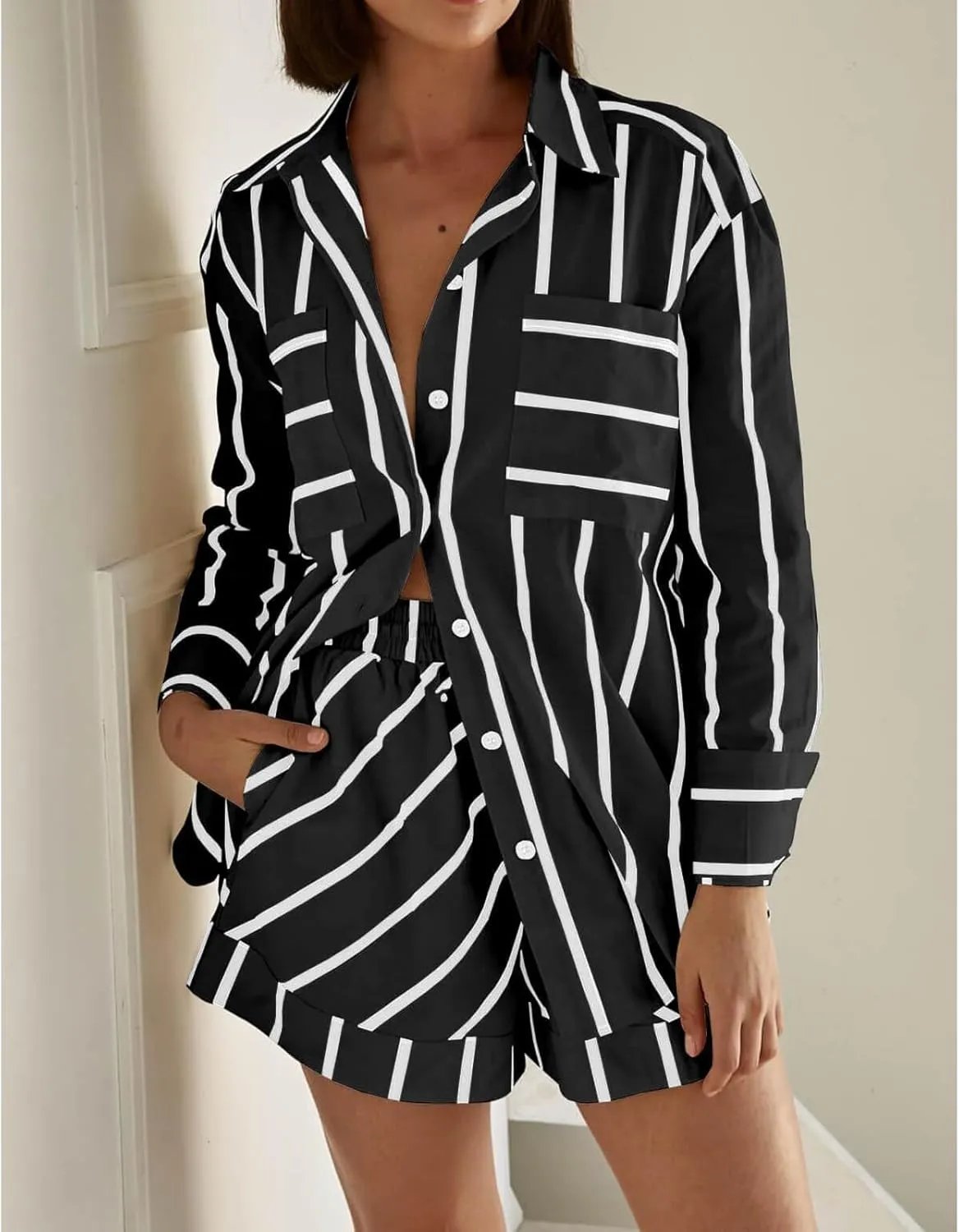 Striped Sets Women 2 Piece Outfits Long Sleeve Casual Button Down Shirts and Shorts Lightweight Oversized Pajamas Set