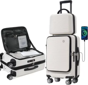 Suitcase Set 2 Piece Luggage Set, Carry on Luggage Set with Front Pocket and USB Port, ABS Hardside Suitcases TSA Lock Spinner Wheels Hardshell Lightweight Luggage Set Travel Luggage for Men Women