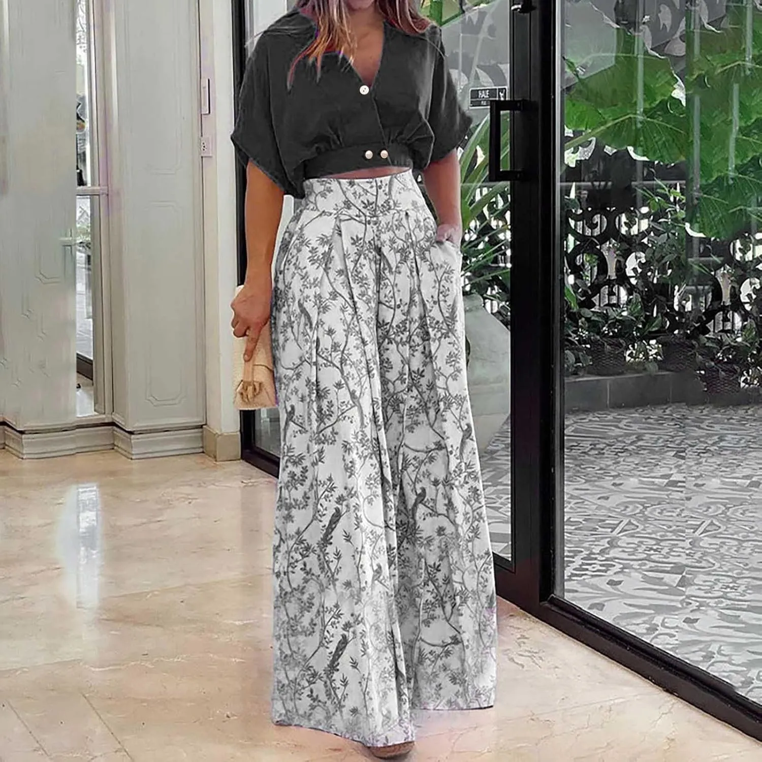 Summer 2 Piece Sets for Women Casual Trendy Lightweight V Neck Short Sleeve Tops and Wide Leg Pants Set Business Suits