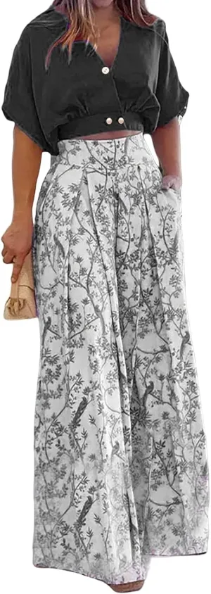 Summer 2 Piece Sets for Women Casual Trendy Lightweight V Neck Short Sleeve Tops and Wide Leg Pants Set Business Suits