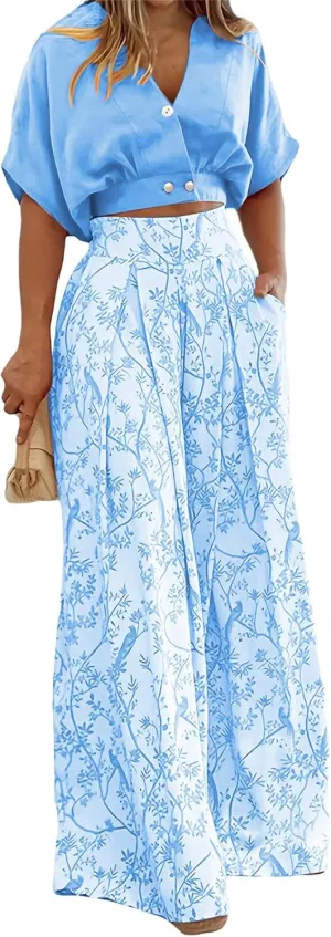 Summer 2 Piece Sets for Women Fashion Casual Short Sleeve V Neck Tops Matching Print Wide Leg Pants Set Business Suit