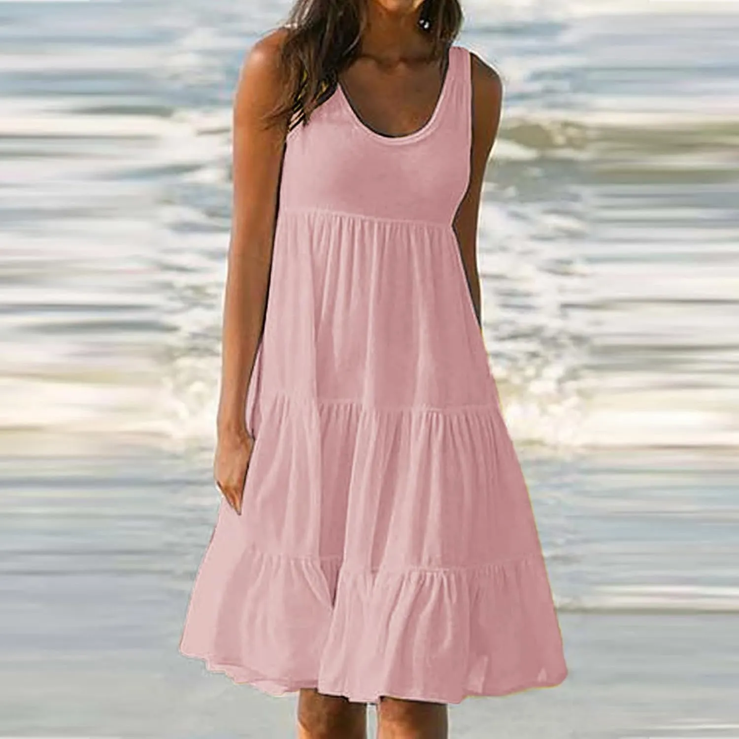 Summer Dresses for Women 2024 Hawaiian Tropical Dress Loose Tiered Beach Sundresses Casual Solid Crew Neck Clothing
