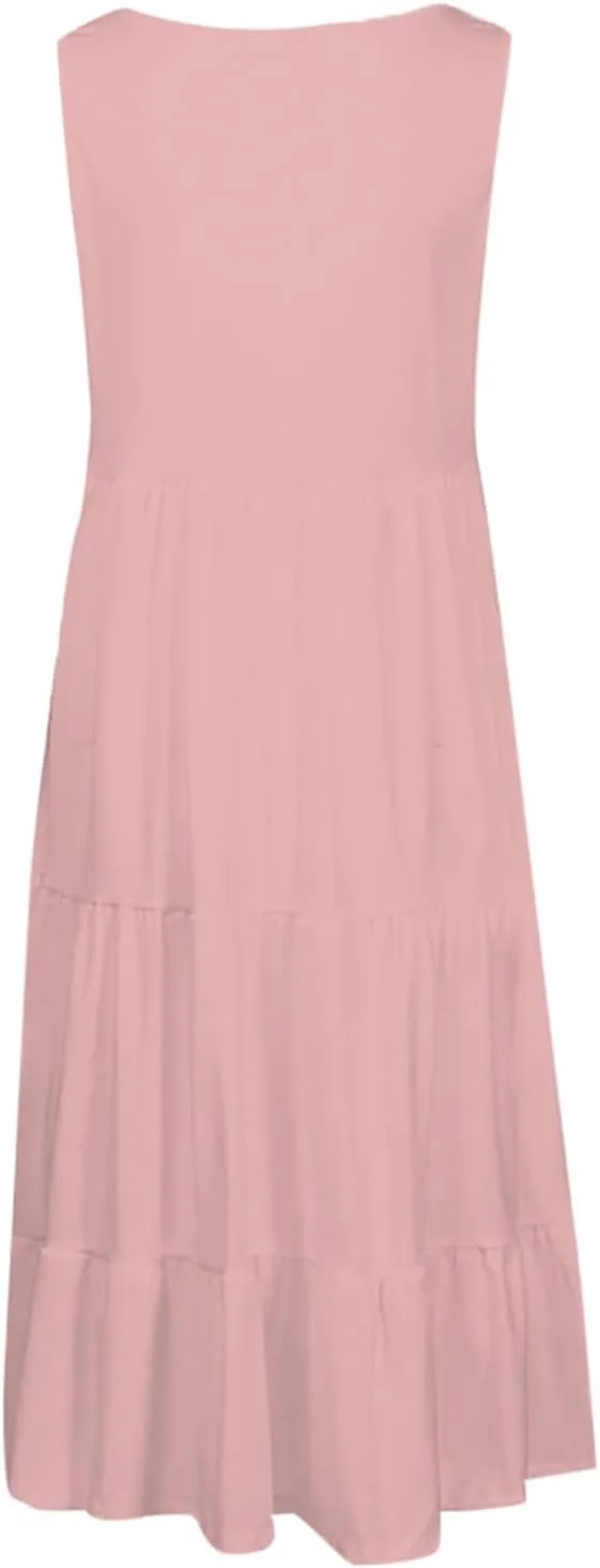 Summer Dresses for Women 2024 Hawaiian Tropical Dress Loose Tiered Beach Sundresses Casual Solid Crew Neck Clothing