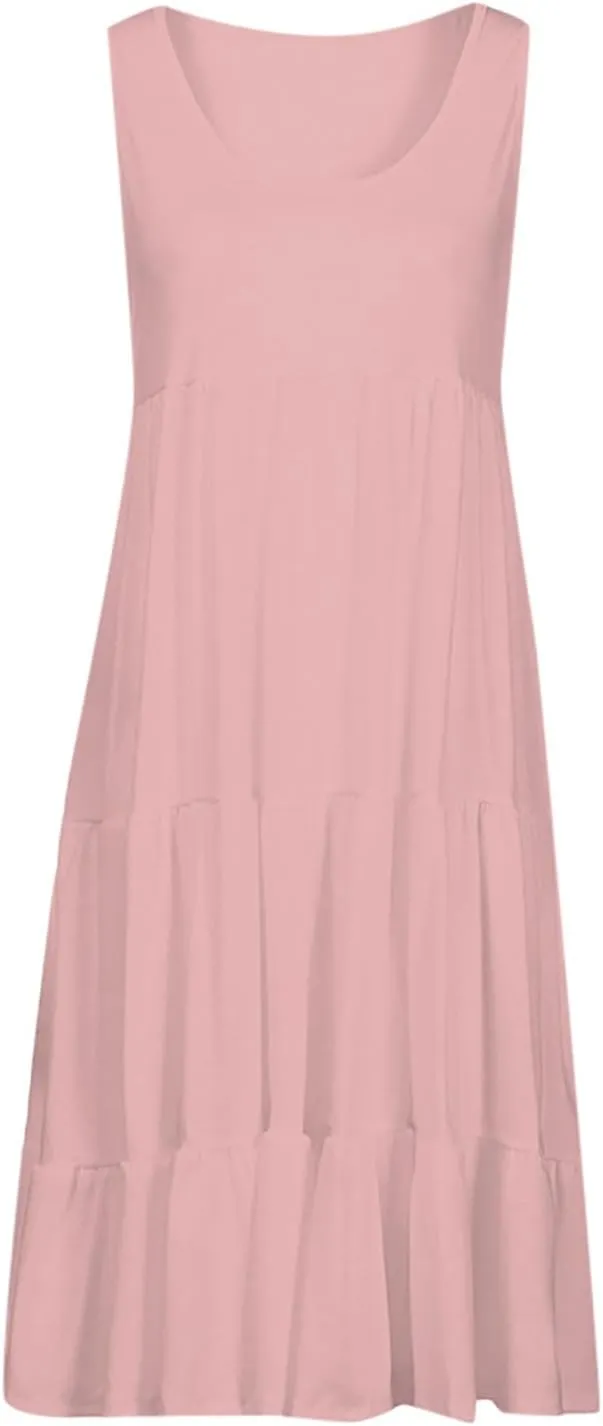 Summer Dresses for Women 2024 Hawaiian Tropical Dress Loose Tiered Beach Sundresses Casual Solid Crew Neck Clothing