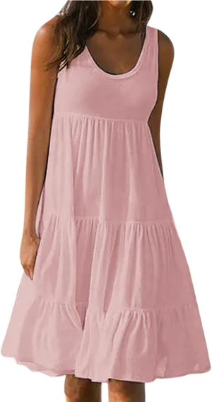 Summer Dresses for Women 2024 Hawaiian Tropical Dress Loose Tiered Beach Sundresses Casual Solid Crew Neck Clothing