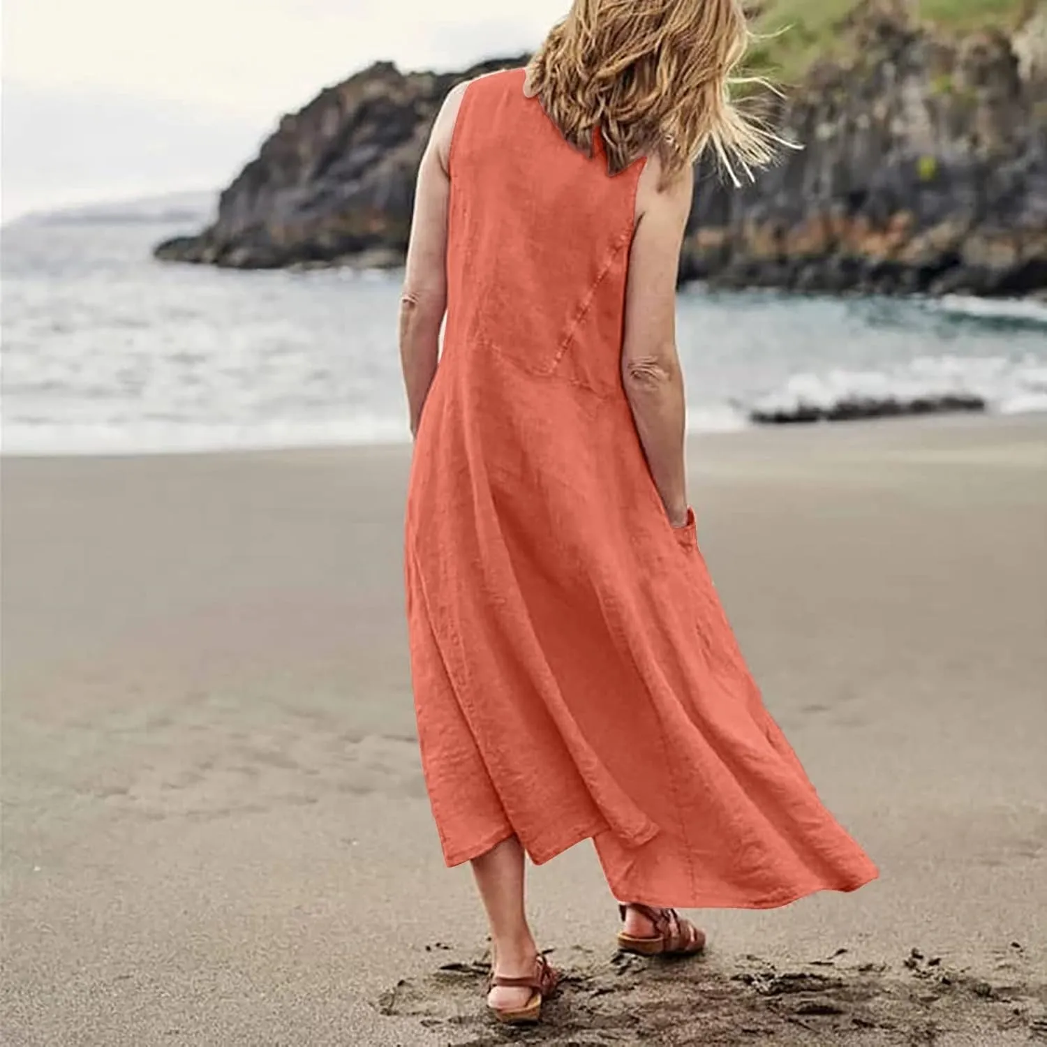 Summer Dresses for Women 2025 Casual Boho Sundress Crew Neck Sleeveless Beach Vacation Maxi Dresses with Pockets
