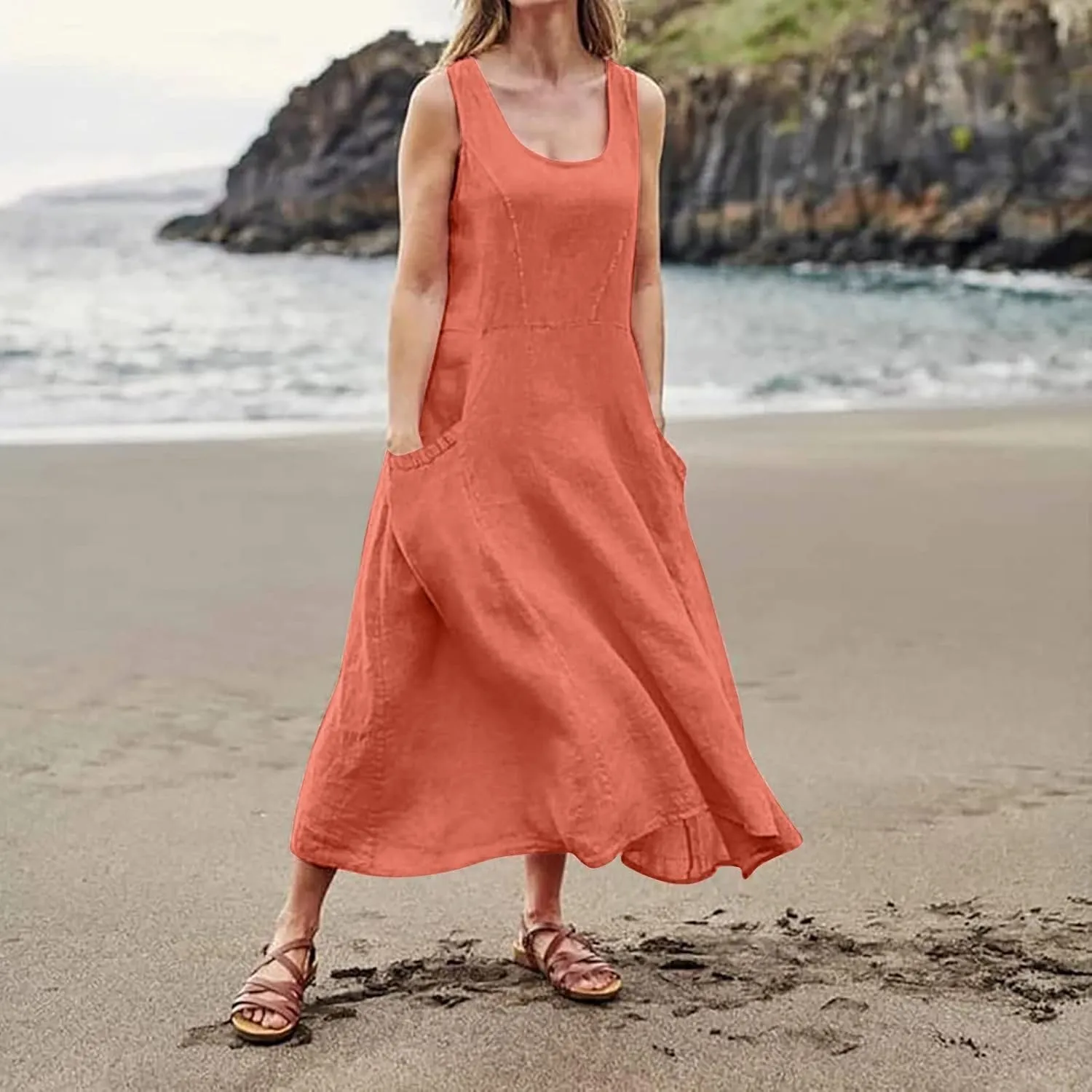 Summer Dresses for Women 2025 Casual Boho Sundress Crew Neck Sleeveless Beach Vacation Maxi Dresses with Pockets
