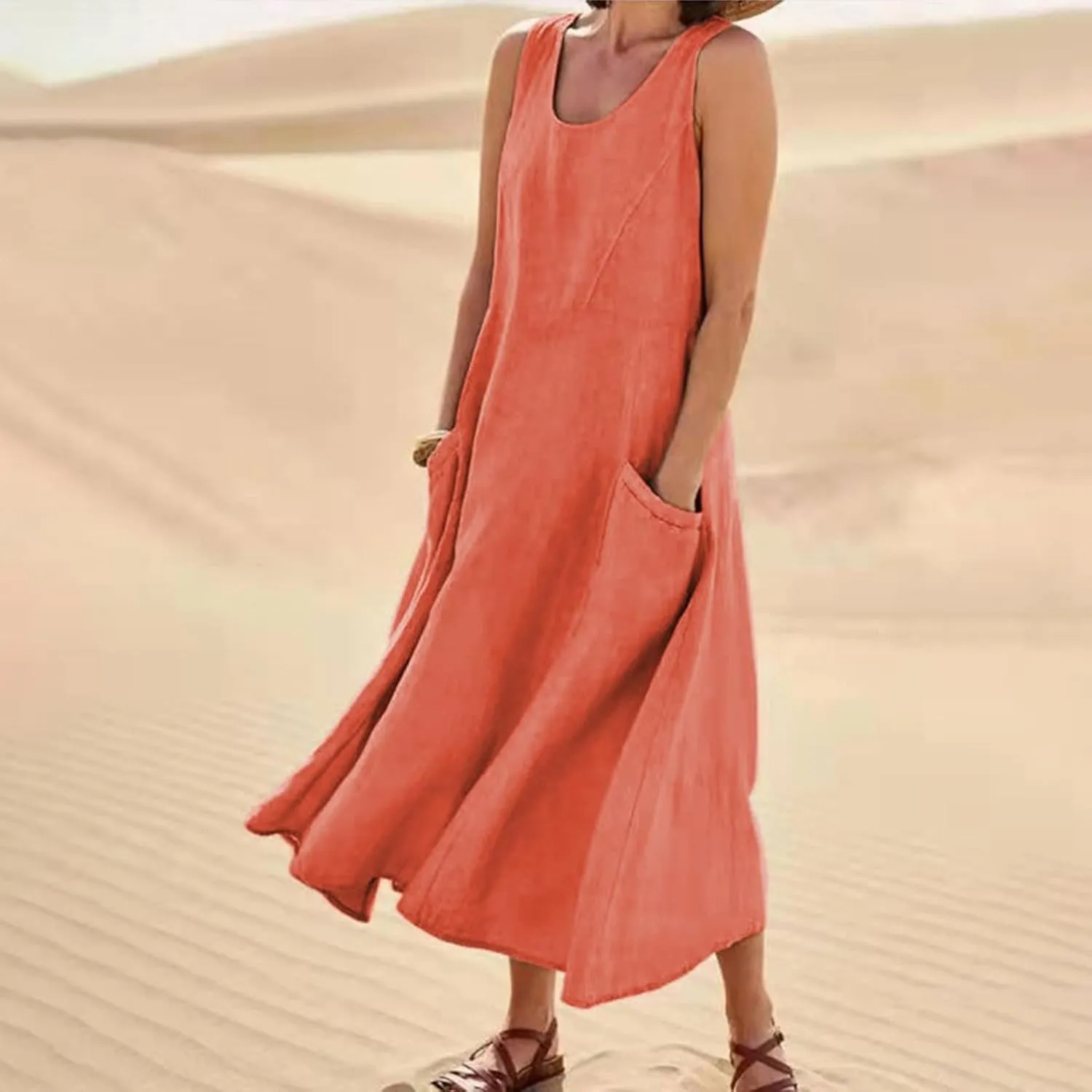 Summer Dresses for Women 2025 Casual Boho Sundress Crew Neck Sleeveless Beach Vacation Maxi Dresses with Pockets