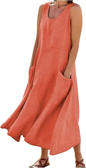 Summer Dresses for Women 2025 Casual Boho Sundress Crew Neck Sleeveless Beach Vacation Maxi Dresses with Pockets