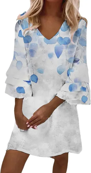 Summer Dresses for Women 2025 Casual V Neck 3/4 Petal Bell Sleeve Mini Dresses Plus Size Loose Flowy Beach Sundresses