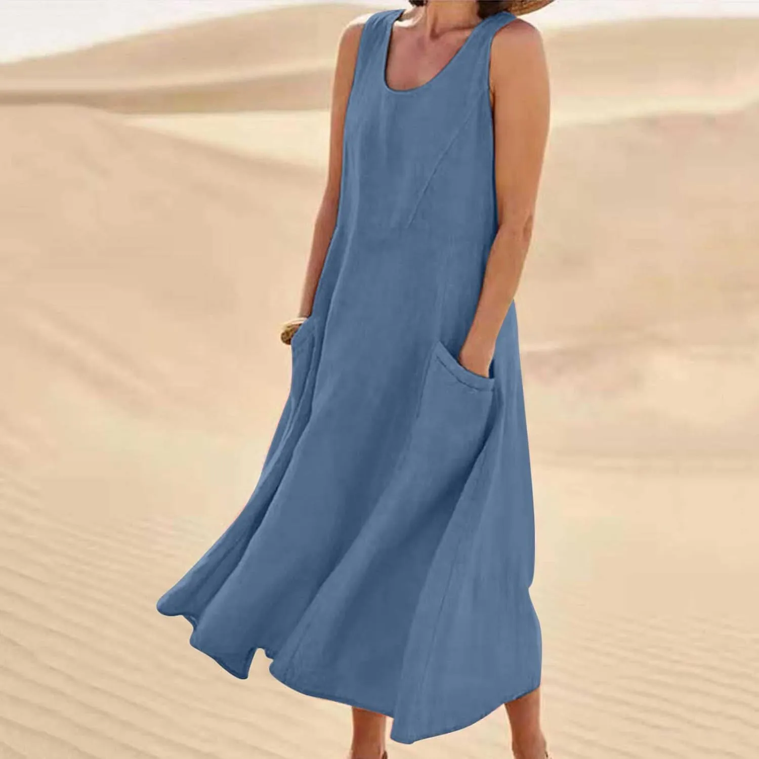 Summer Dresses for Women 2025 Cotton Linen Sleeveless Maxi Dress Casual Beach Plus Size Sundresses with Pockets