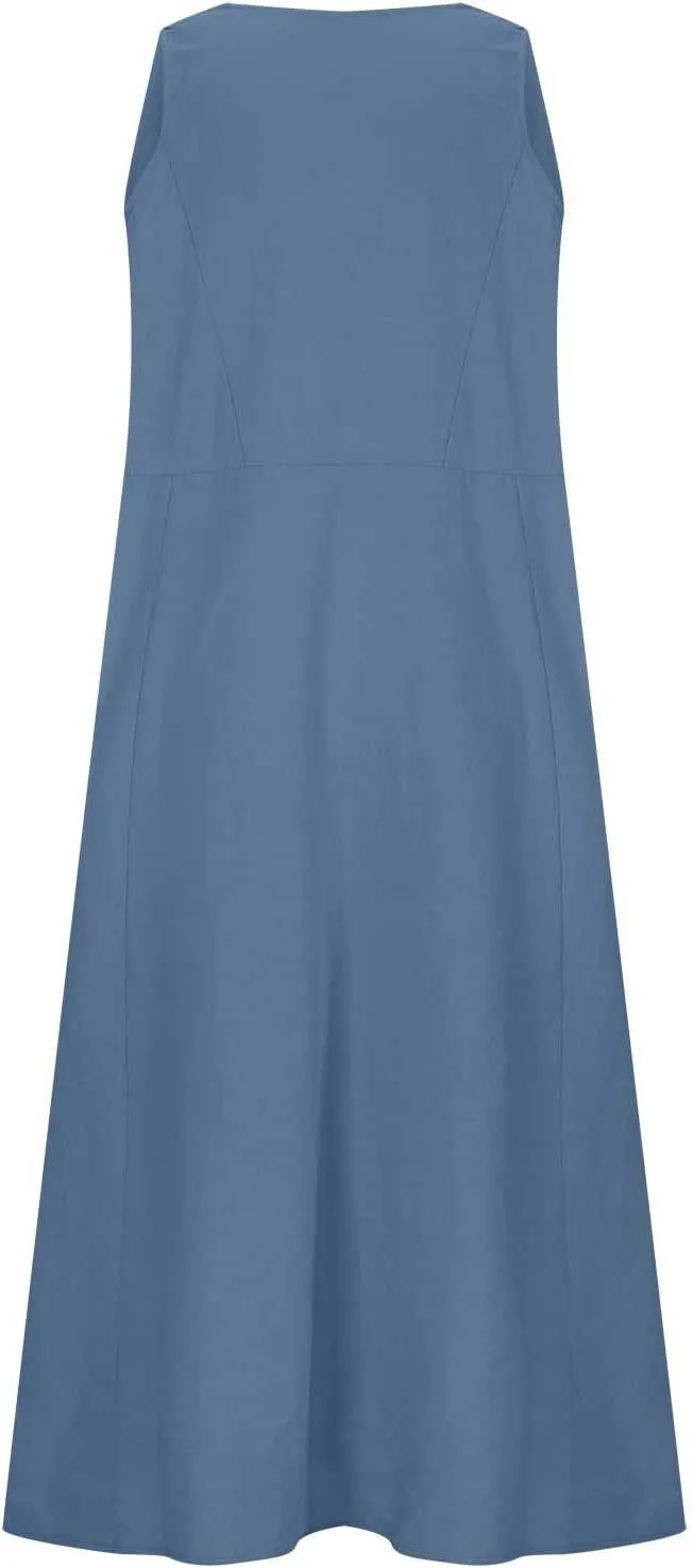 Summer Dresses for Women 2025 Cotton Linen Sleeveless Maxi Dress Casual Beach Plus Size Sundresses with Pockets