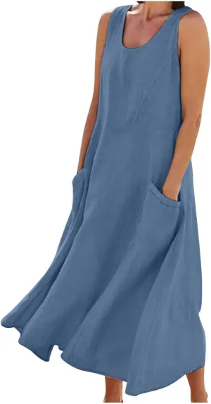 Summer Dresses for Women 2025 Cotton Linen Sleeveless Maxi Dress Casual Beach Plus Size Sundresses with Pockets