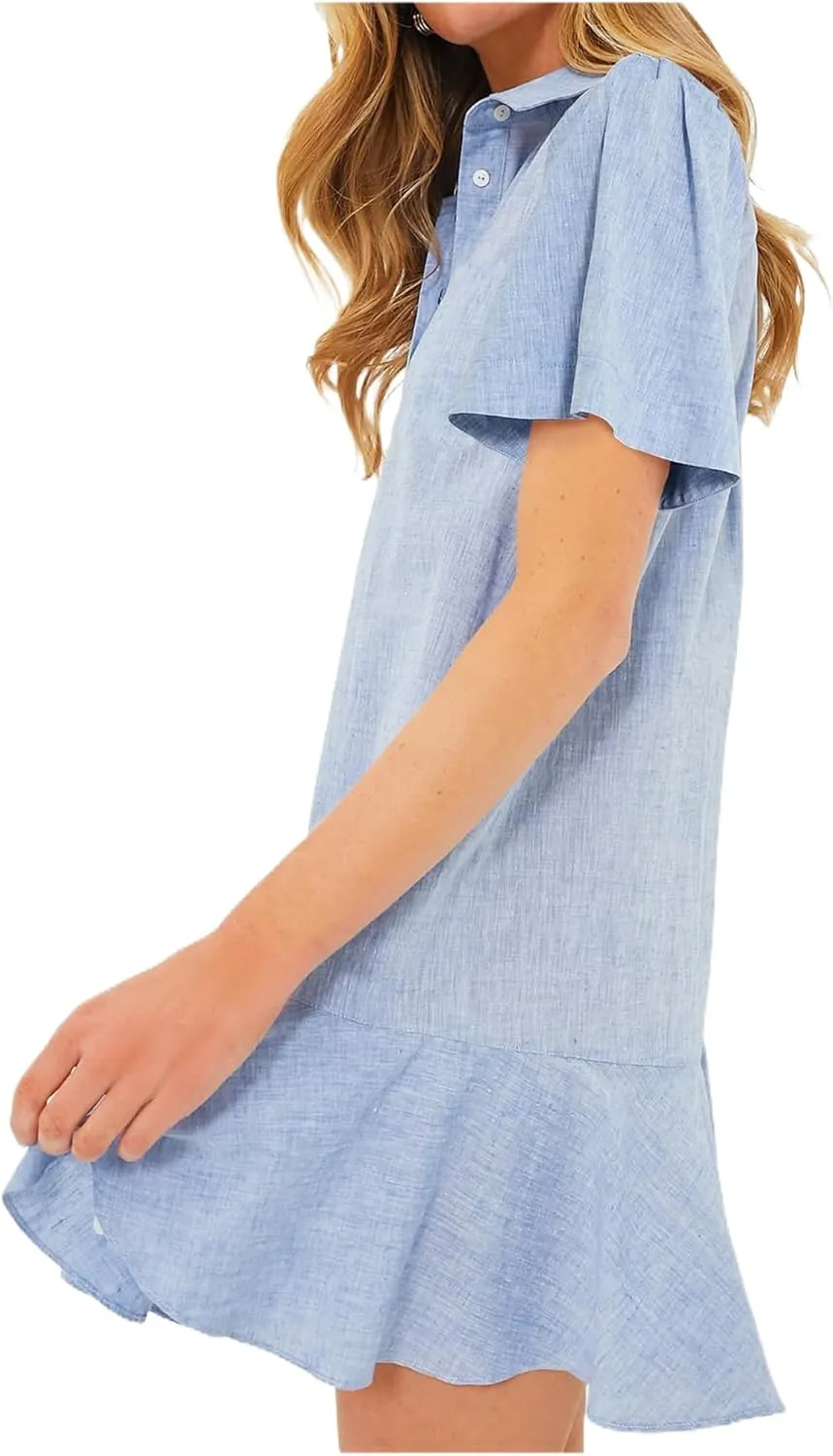 Summer Dresses for Women 2025 Loose Fit Dress Short Sleeve Collared Button Down Mini Dress Ruffle Hem Dresses