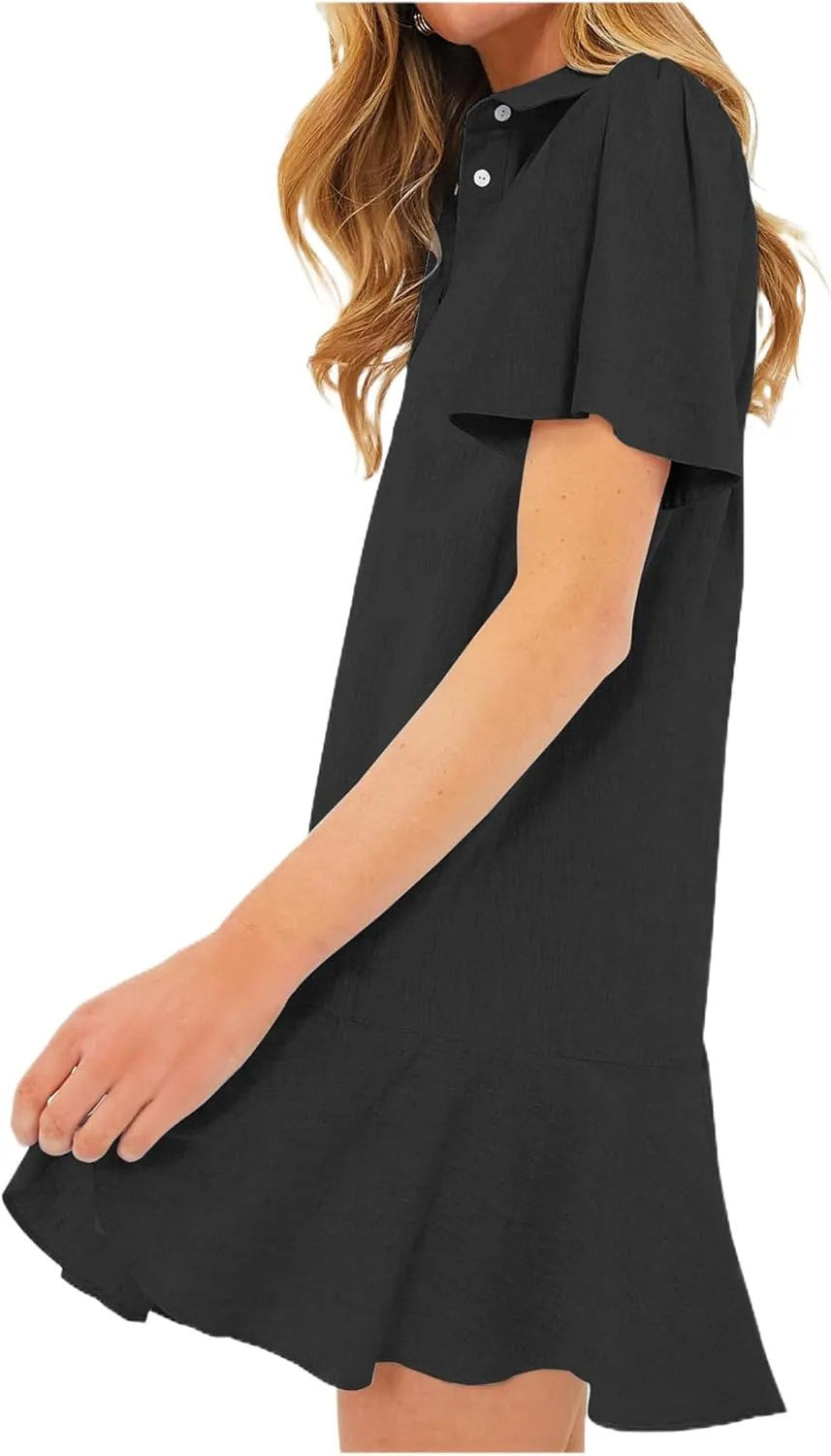Summer Dresses for Women 2025 Loose Fit Dress Short Sleeve Collared Button Down Mini Dress Ruffle Hem Dresses