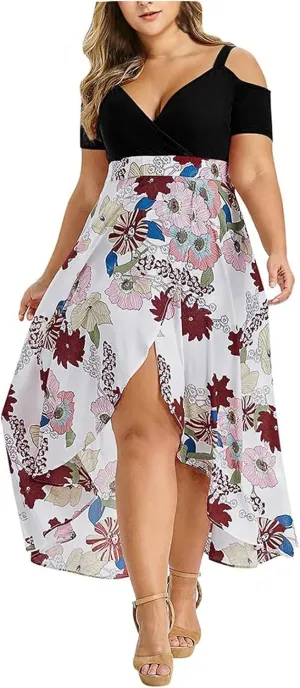Summer Dresses for Women 2025 Plus Size Wedding Guest Dress Casual Print Boho High Low V-Neck Maxi Beach Dress