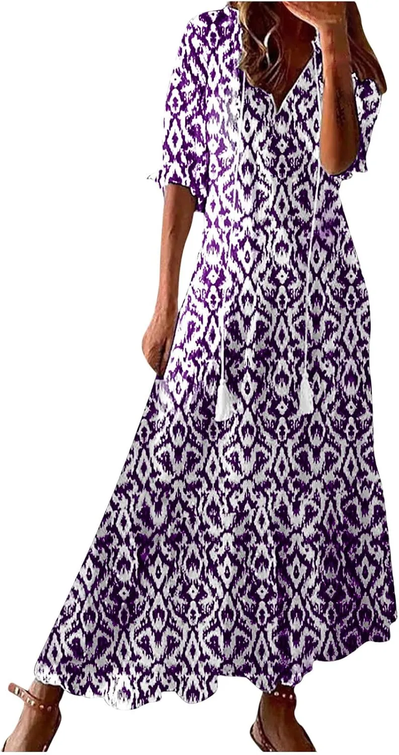 Summer Dresses for Women 2025 Short Sleeve Boho Maxi Dress V Neck Floral Sundress Casual Beach Vacation Outfits Clothes