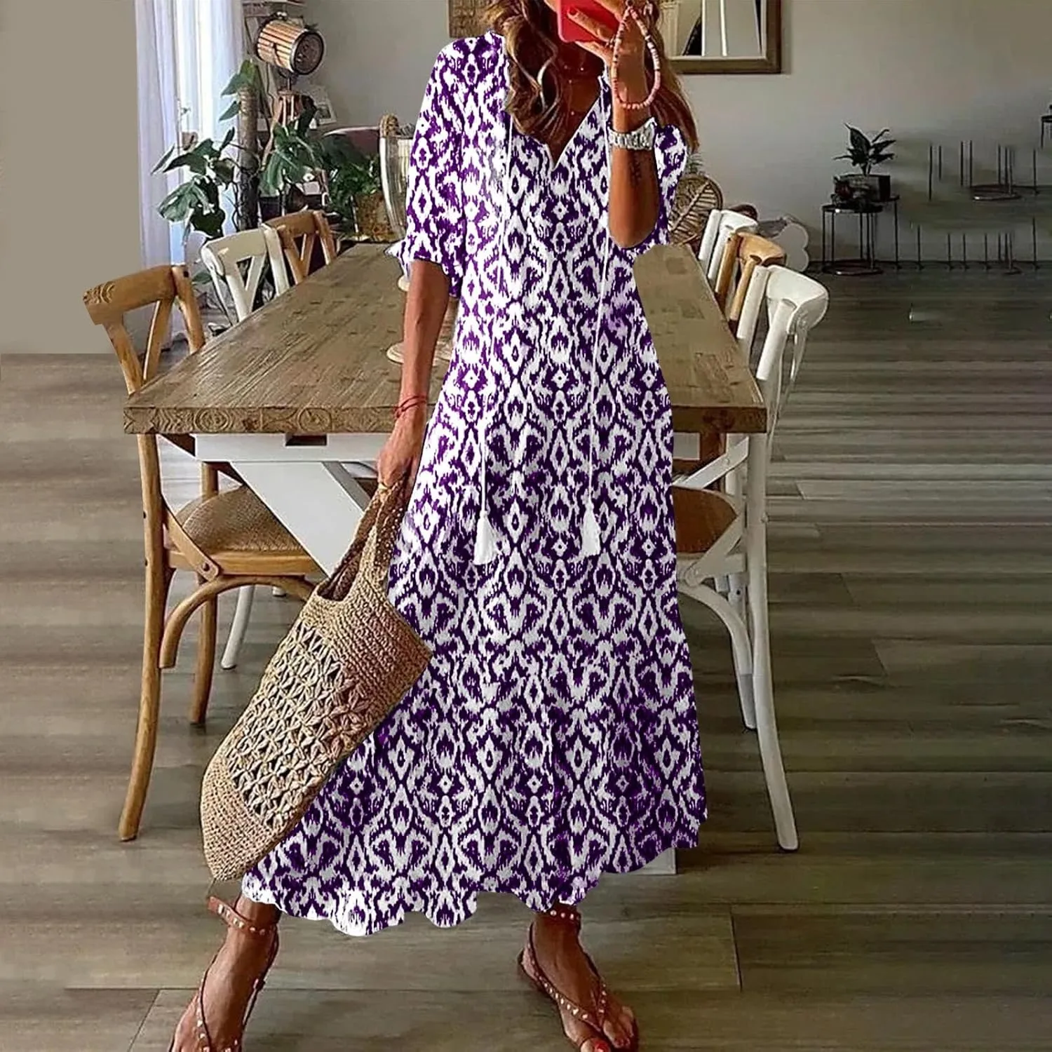 Summer Dresses for Women 2025 Short Sleeve Boho Maxi Dress V Neck Floral Sundress Casual Beach Vacation Outfits Clothes
