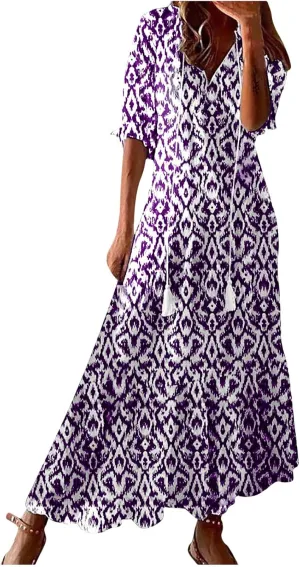 Summer Dresses for Women 2025 Short Sleeve Boho Maxi Dress V Neck Floral Sundress Casual Beach Vacation Outfits Clothes