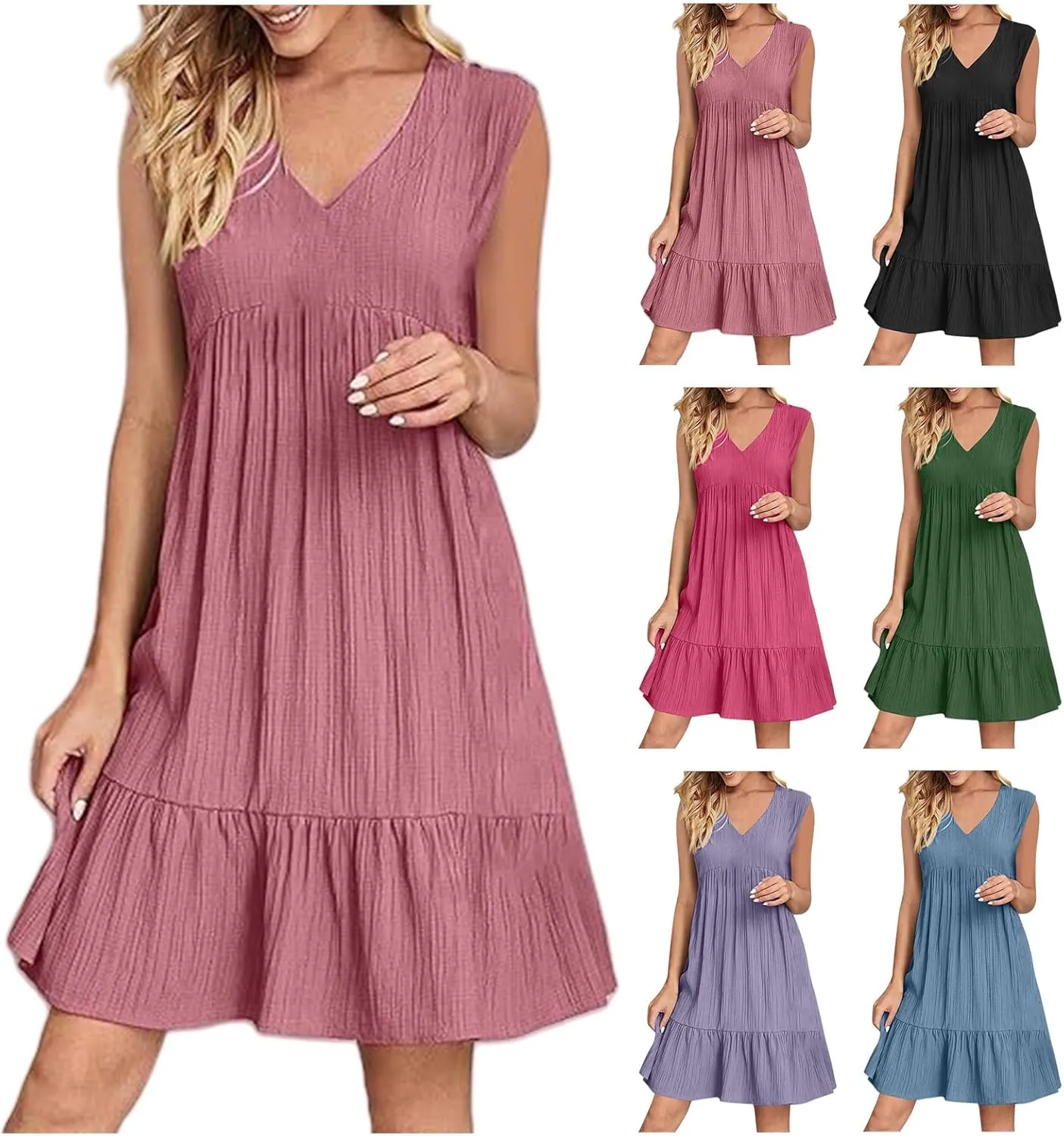 Summer Dresses for Women 2025 V Neck Pleated Ruffle Hem Mini Dress Flowy Spring A Line Beach Sundresses