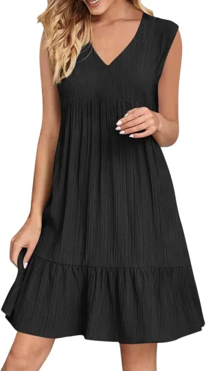 Summer Dresses for Women 2025 V Neck Pleated Ruffle Hem Mini Dress Flowy Spring A Line Beach Sundresses