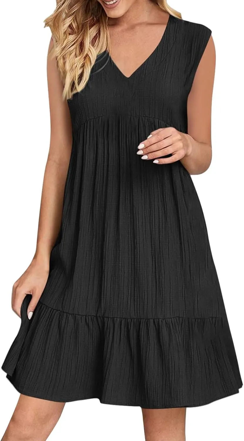 Summer Dresses for Women 2025 V Neck Pleated Ruffle Hem Mini Dress Flowy Spring A Line Beach Sundresses