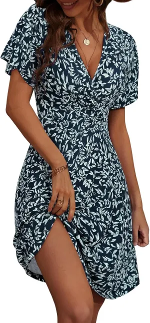 Summer Dresses for Women Boho Sundress V Neck Ruffle Sleeve Mini Dress A Line Sundress Casual Going Out Dresses 2025