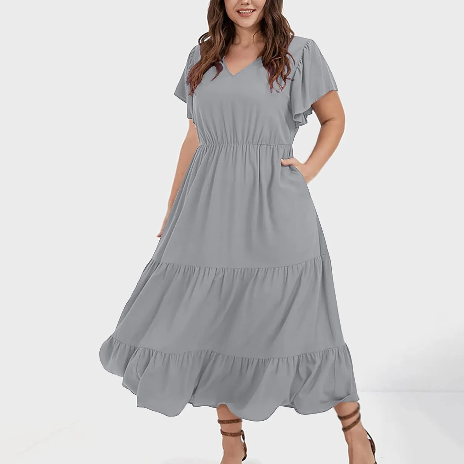 Summer Dresses for Women V Neck Ruffle Sleeve Casual Dress Beach Party Tropical Vacation Patchwork Maxi Sundress
