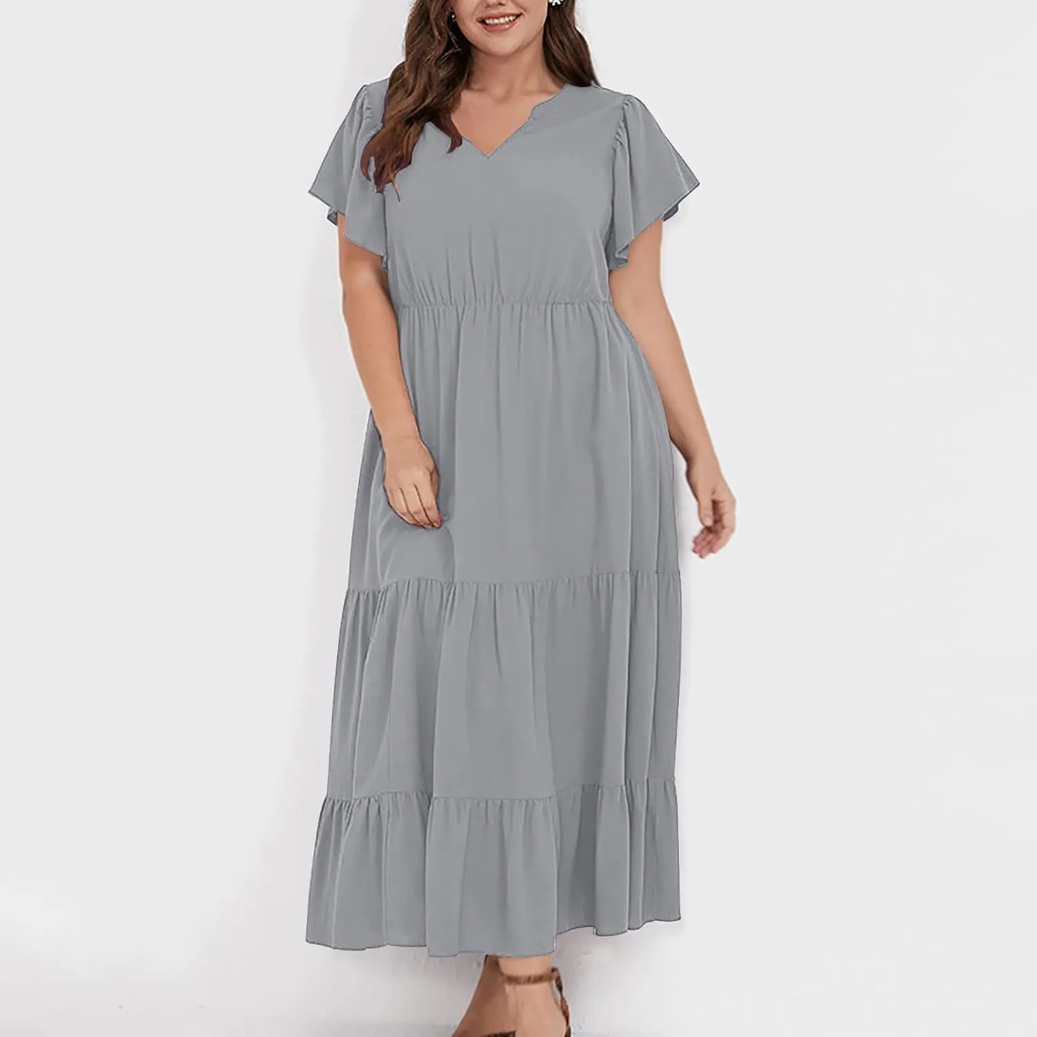 Summer Dresses for Women V Neck Ruffle Sleeve Casual Dress Beach Party Tropical Vacation Patchwork Maxi Sundress