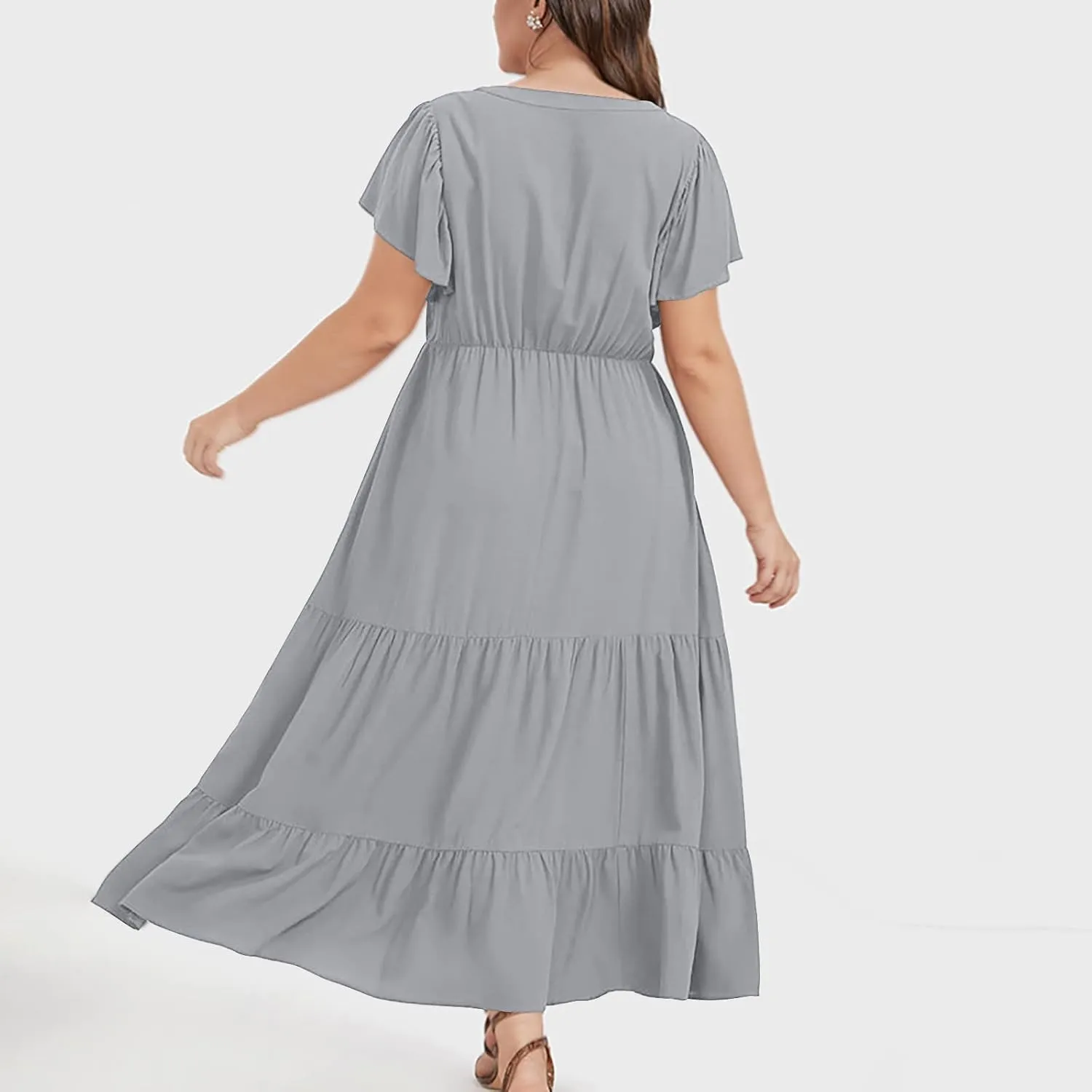 Summer Dresses for Women V Neck Ruffle Sleeve Casual Dress Beach Party Tropical Vacation Patchwork Maxi Sundress