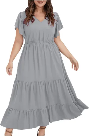 Summer Dresses for Women V Neck Ruffle Sleeve Casual Dress Beach Party Tropical Vacation Patchwork Maxi Sundress