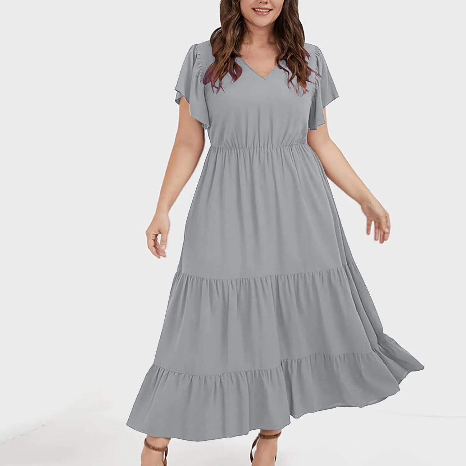 Summer Dresses for Women V Neck Ruffle Sleeve Casual Dress Beach Party Tropical Vacation Patchwork Maxi Sundress
