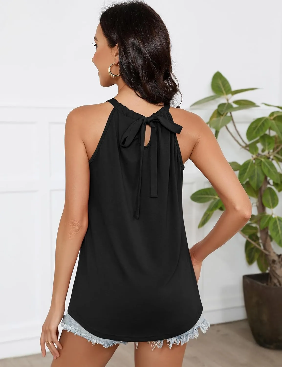 Summer Halter Tank Tops for Women Loose Fit Pleated Tie Back Sleeveless Tops Casual