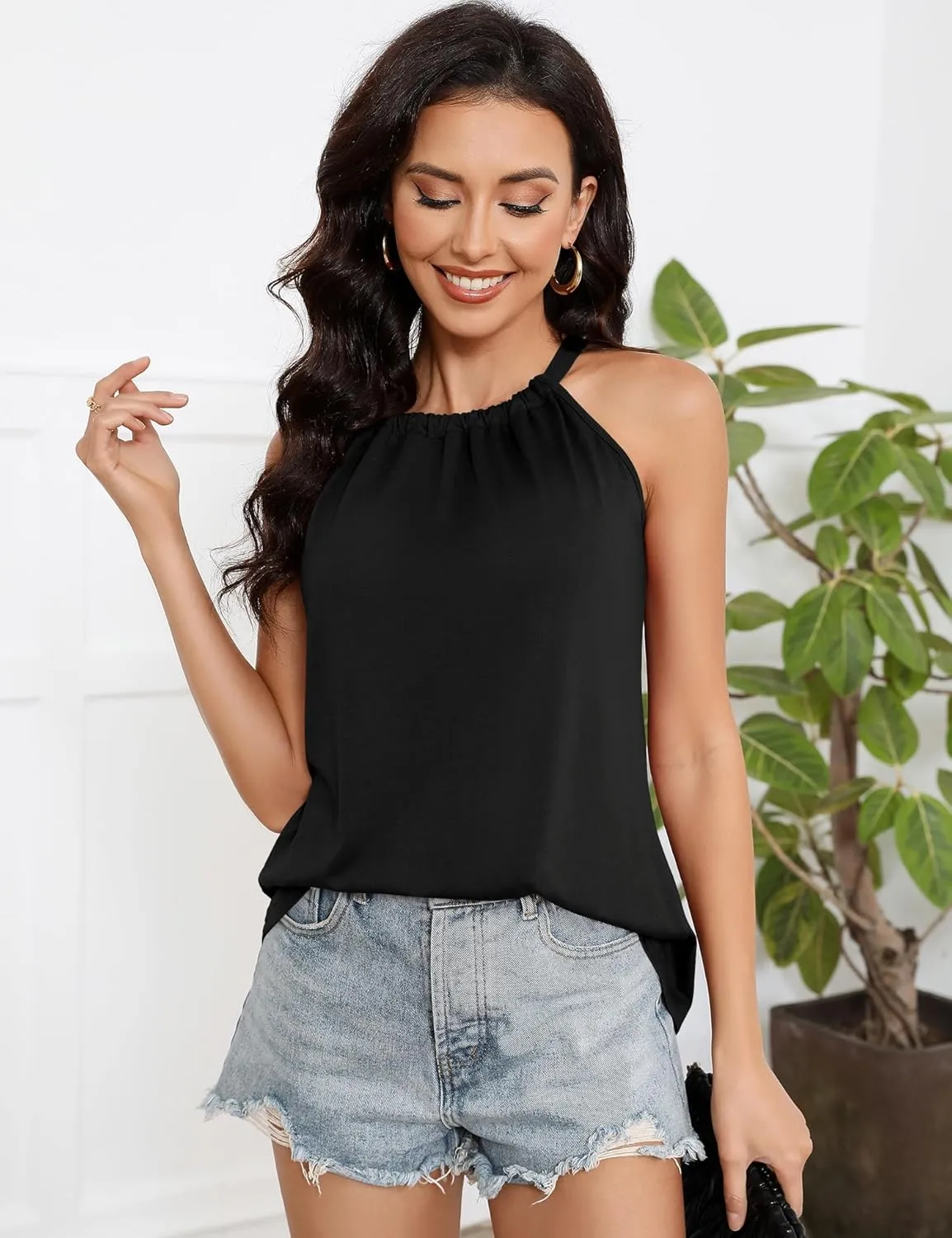Summer Halter Tank Tops for Women Loose Fit Pleated Tie Back Sleeveless Tops Casual