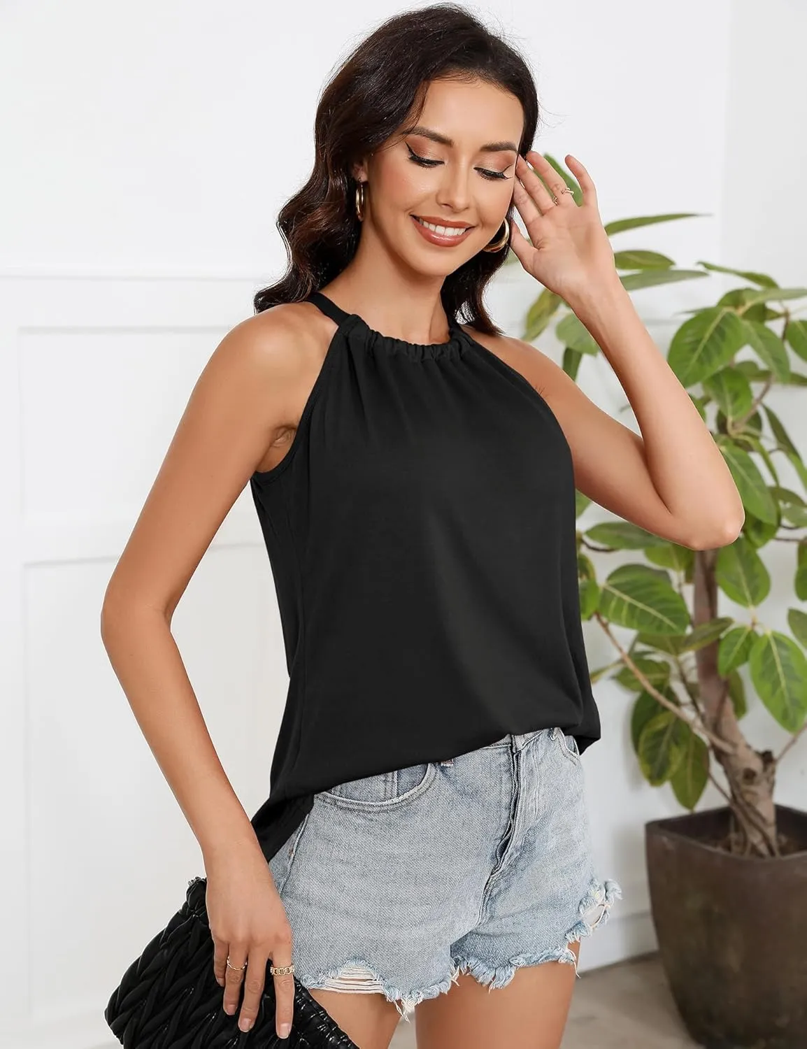 Summer Halter Tank Tops for Women Loose Fit Pleated Tie Back Sleeveless Tops Casual