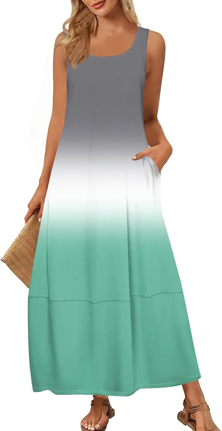Summer Maxi Dress Women's 2025 Summer Casual Maxi Sundress Beach Gradient Crew Neck Sleeveless Loose Tank Dress