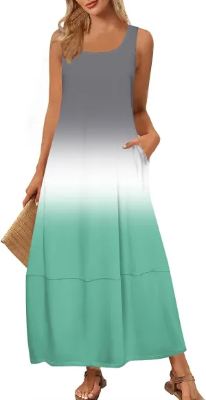 Summer Maxi Dress Women's 2025 Summer Casual Maxi Sundress Beach Gradient Crew Neck Sleeveless Loose Tank Dress