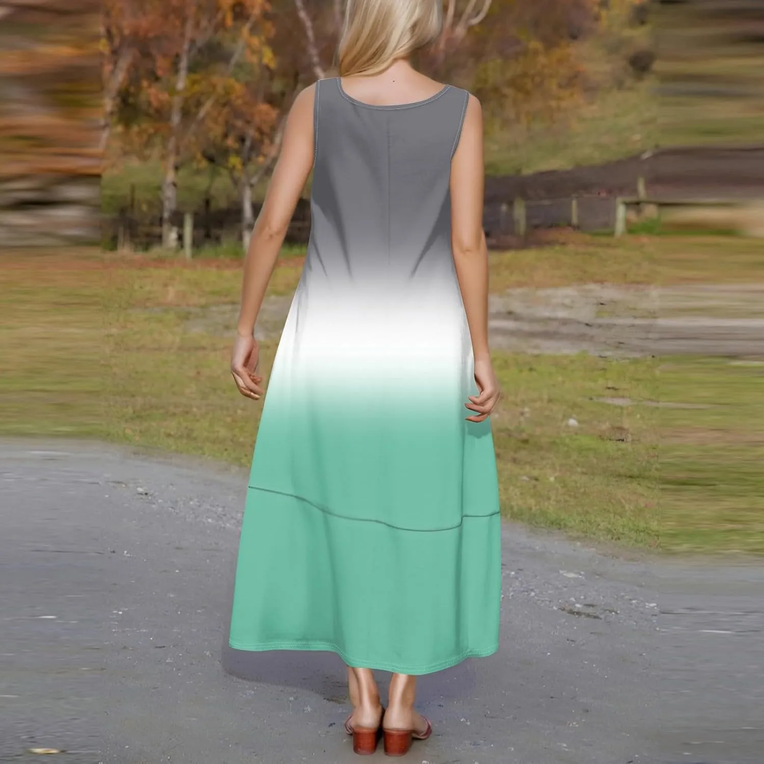 Summer Maxi Dress Women's 2025 Summer Casual Maxi Sundress Beach Gradient Crew Neck Sleeveless Loose Tank Dress