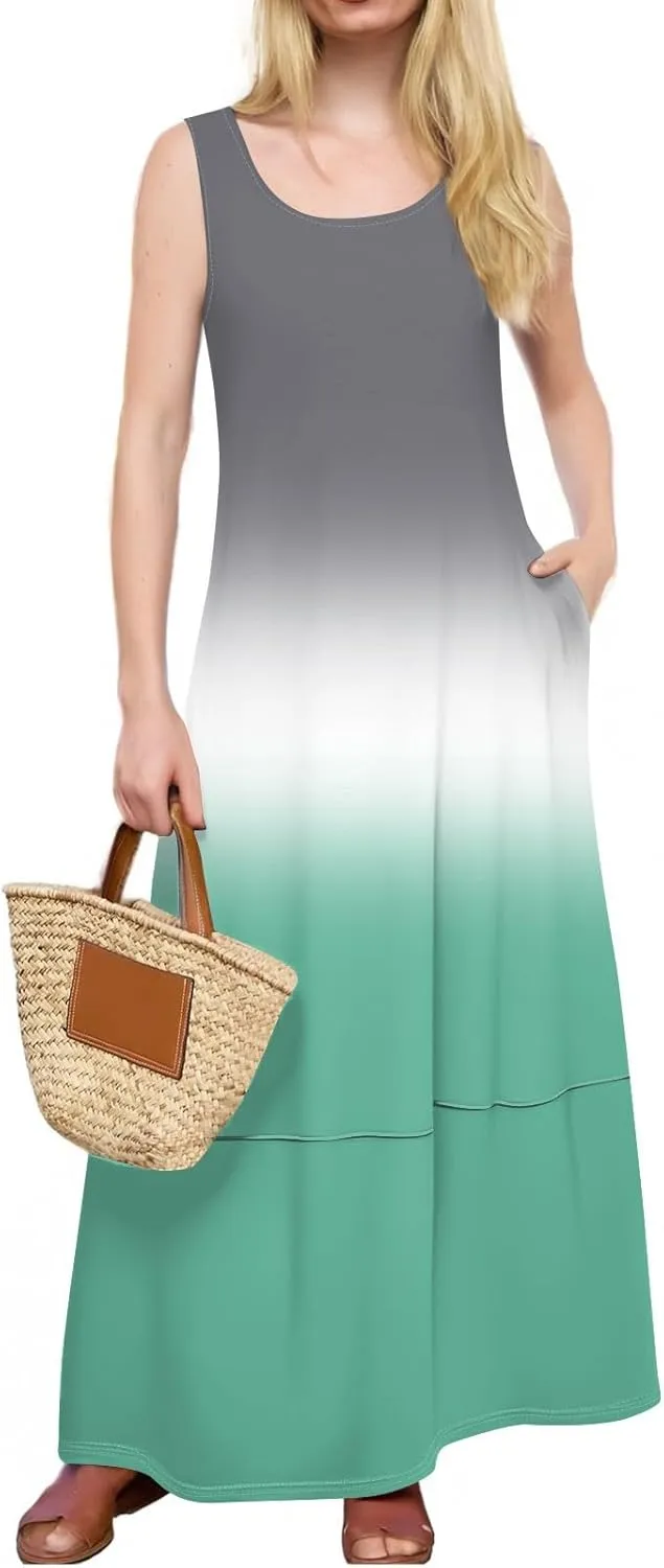 Summer Maxi Dress Women's 2025 Summer Casual Maxi Sundress Beach Gradient Crew Neck Sleeveless Loose Tank Dress