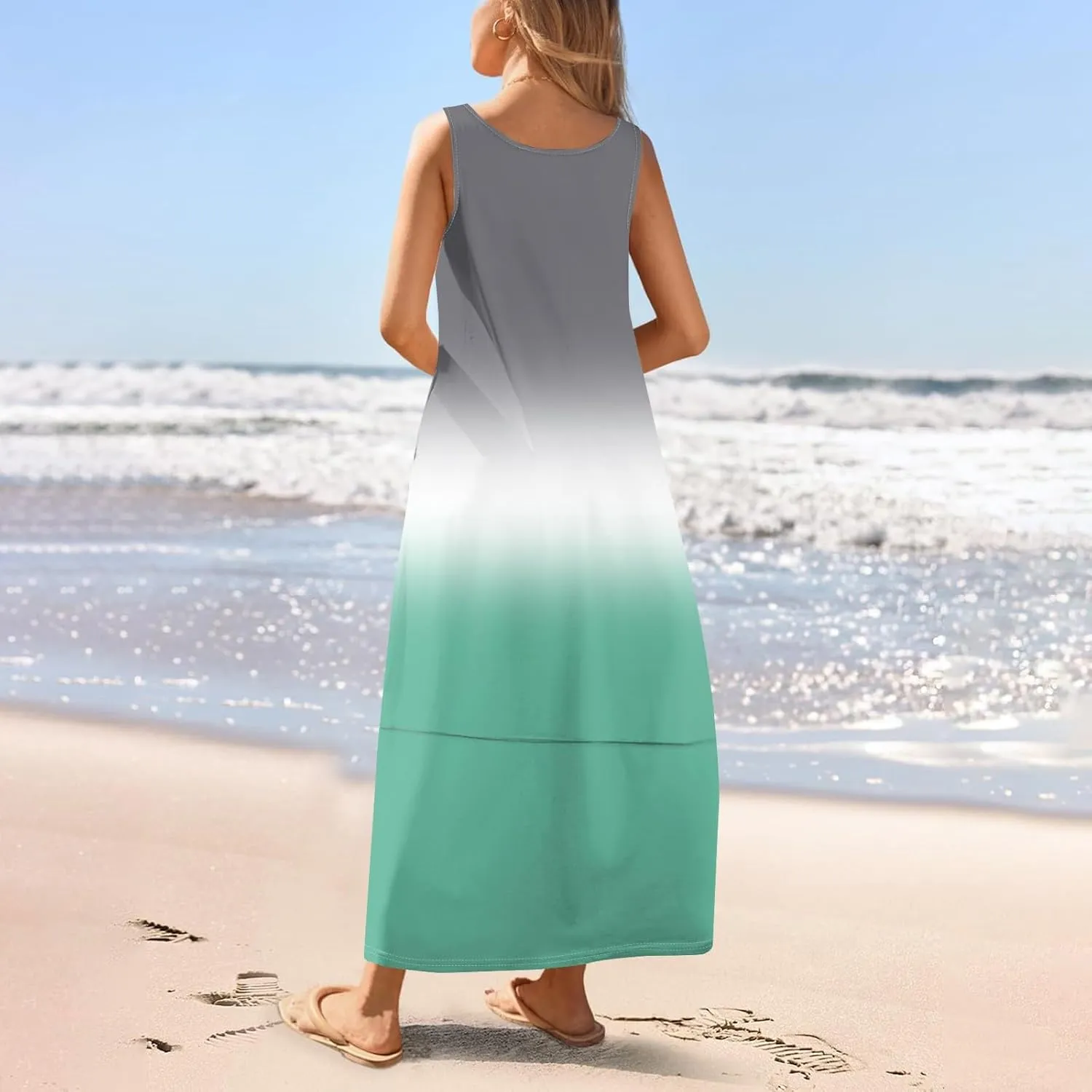Summer Maxi Dress Women's 2025 Summer Casual Maxi Sundress Beach Gradient Crew Neck Sleeveless Loose Tank Dress
