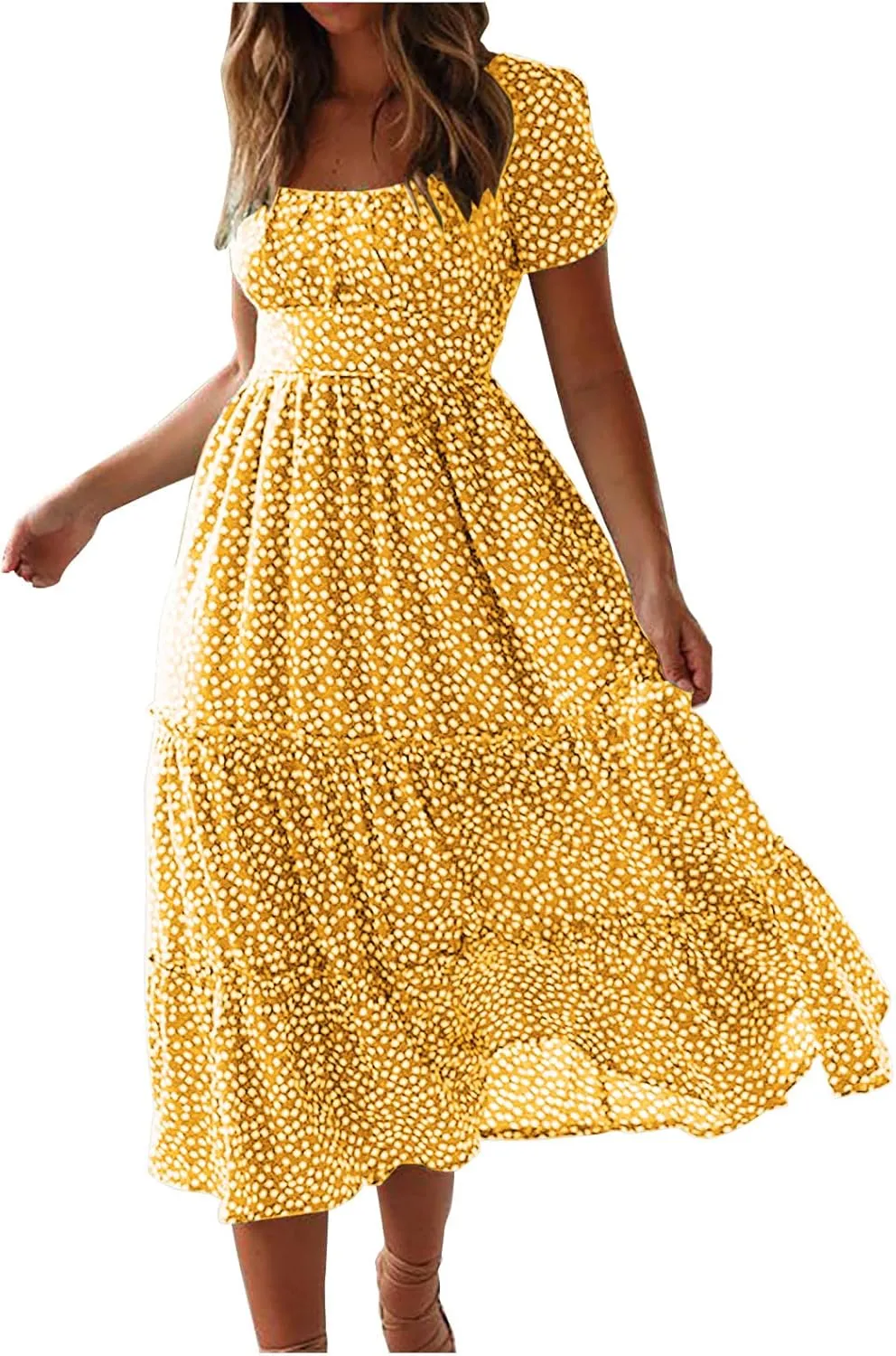 Summer Maxi Dresses for Women 2025 Square Neck Floral Print Sundress Beach Vacation Trendy Ruffle Swing Formal Dress