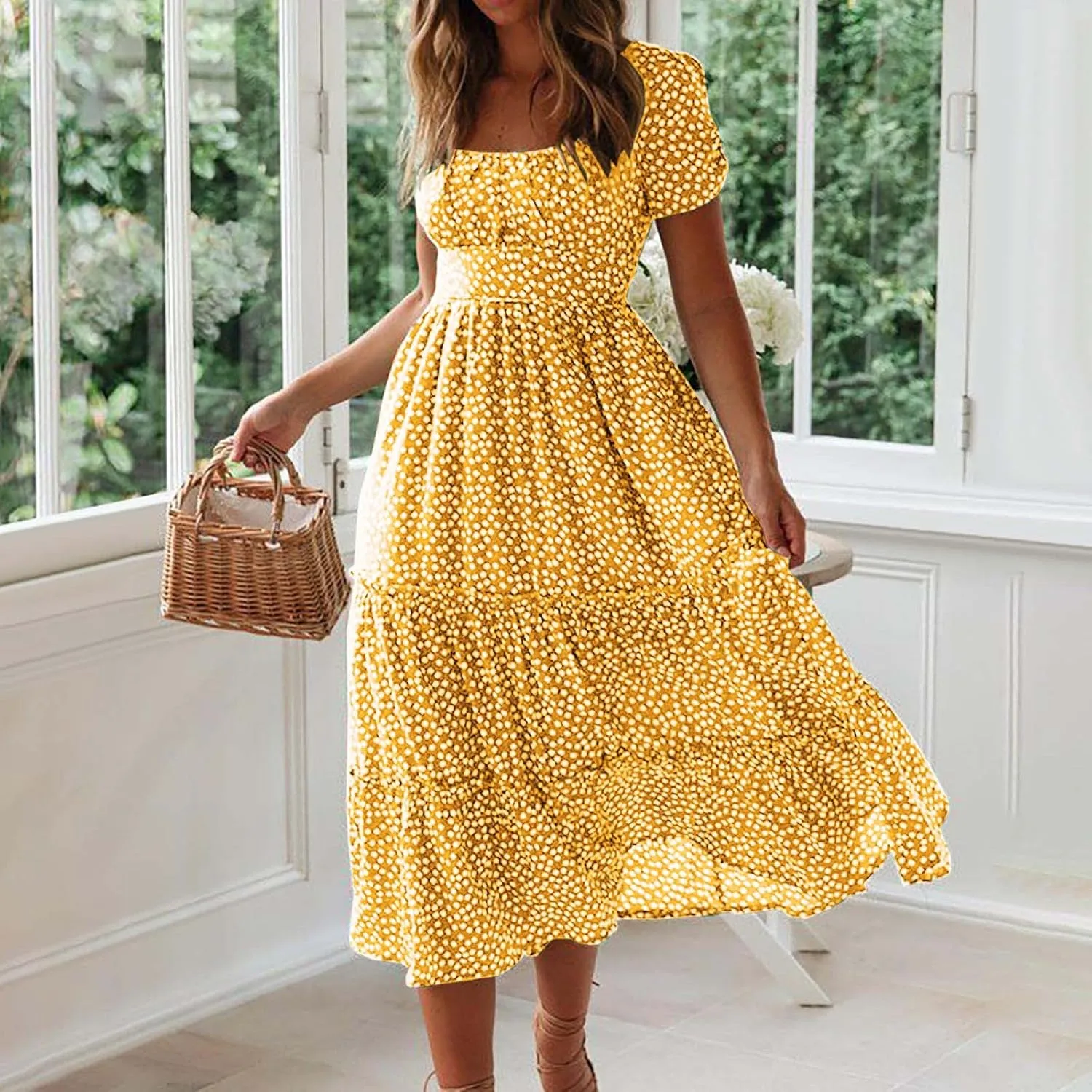 Summer Maxi Dresses for Women 2025 Square Neck Floral Print Sundress Beach Vacation Trendy Ruffle Swing Formal Dress