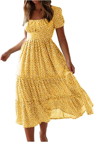 Summer Maxi Dresses for Women 2025 Square Neck Floral Print Sundress Beach Vacation Trendy Ruffle Swing Formal Dress