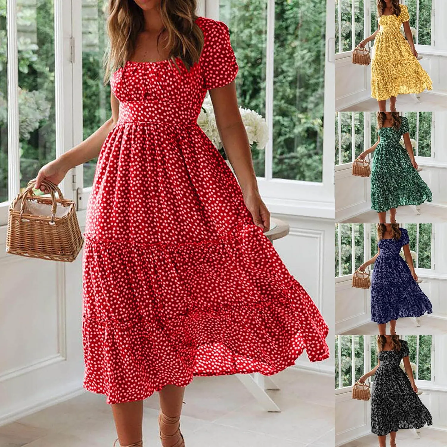 Summer Maxi Dresses for Women 2025 Square Neck Floral Print Sundress Beach Vacation Trendy Ruffle Swing Formal Dress
