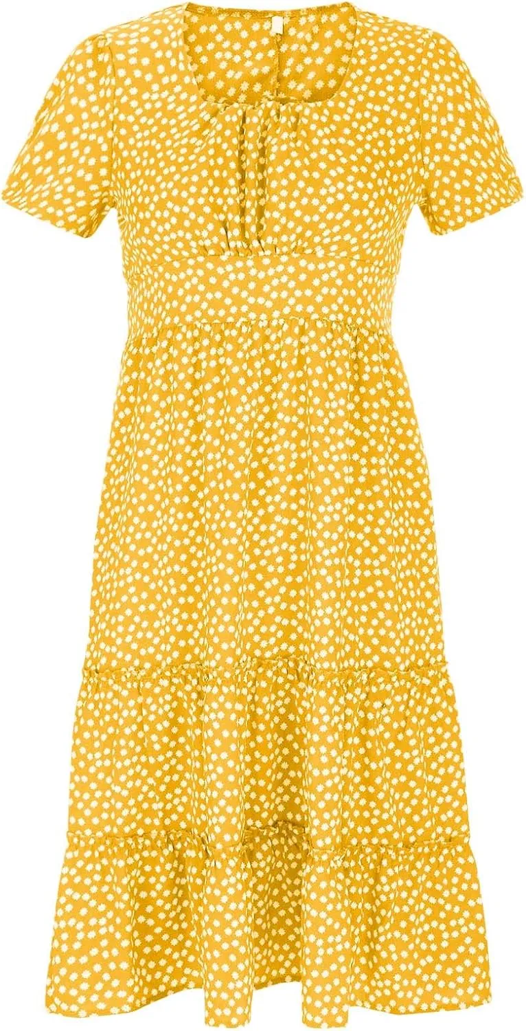 Summer Maxi Dresses for Women 2025 Square Neck Floral Print Sundress Beach Vacation Trendy Ruffle Swing Formal Dress