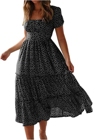 Summer Maxi Dresses for Women 2025 Square Neck Floral Print Sundress Beach Vacation Trendy Ruffle Swing Formal Dress