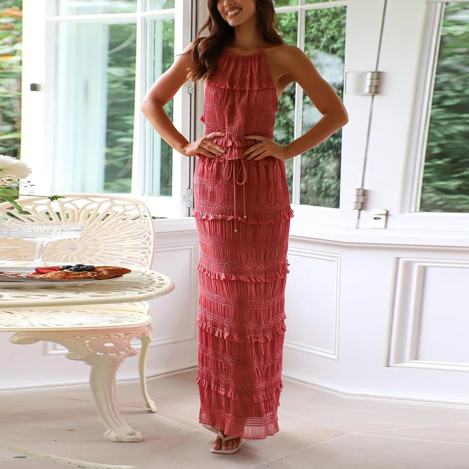 Summer Skirt Sets for Women 2 Piece Outfits Spaghetti Strap Backless Cami Tops Maxi Skirt Y2k Going Out Set